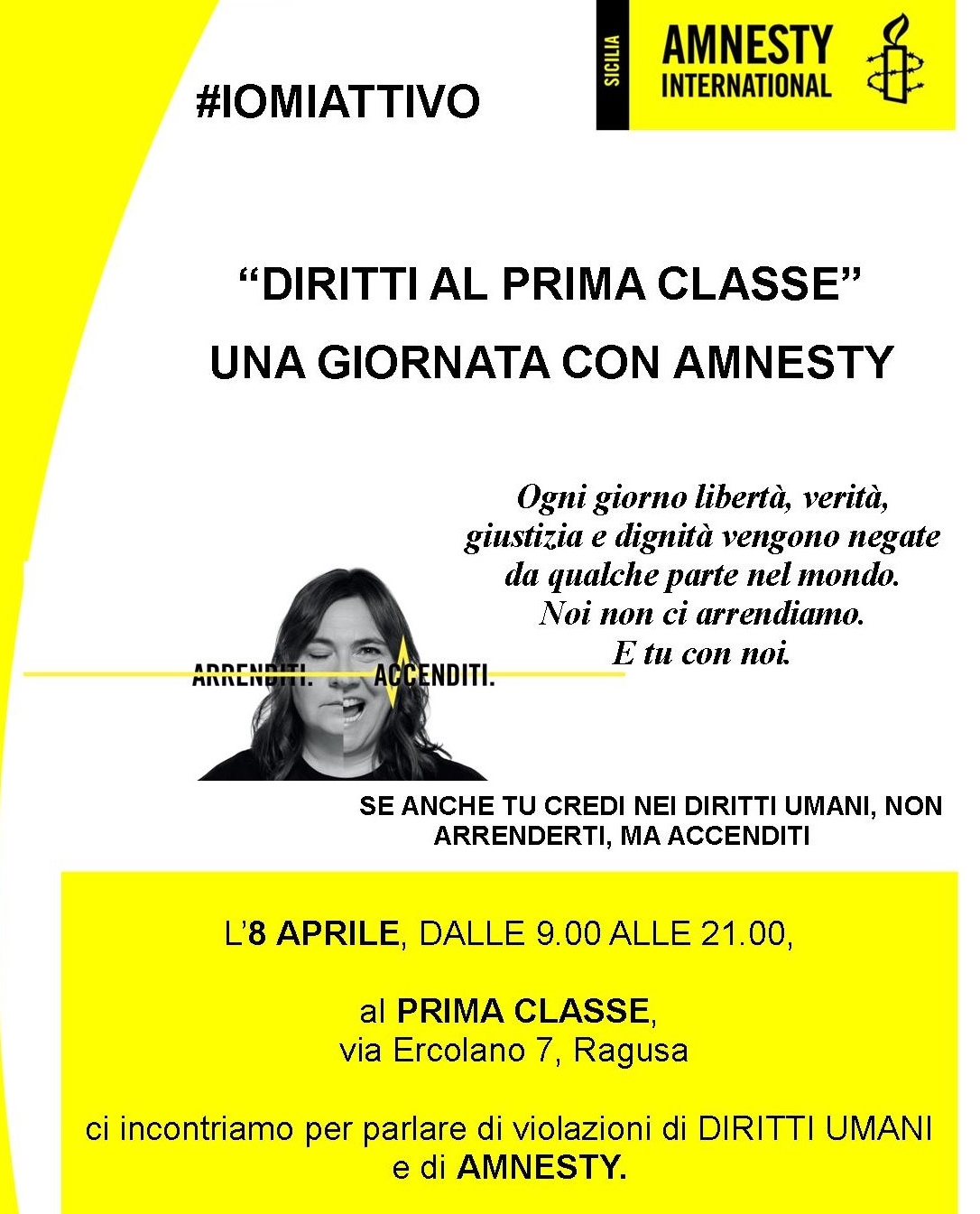 Ragusa, l'8 aprile a "Prima Classe" una giornata dedicata ad Amnesty International