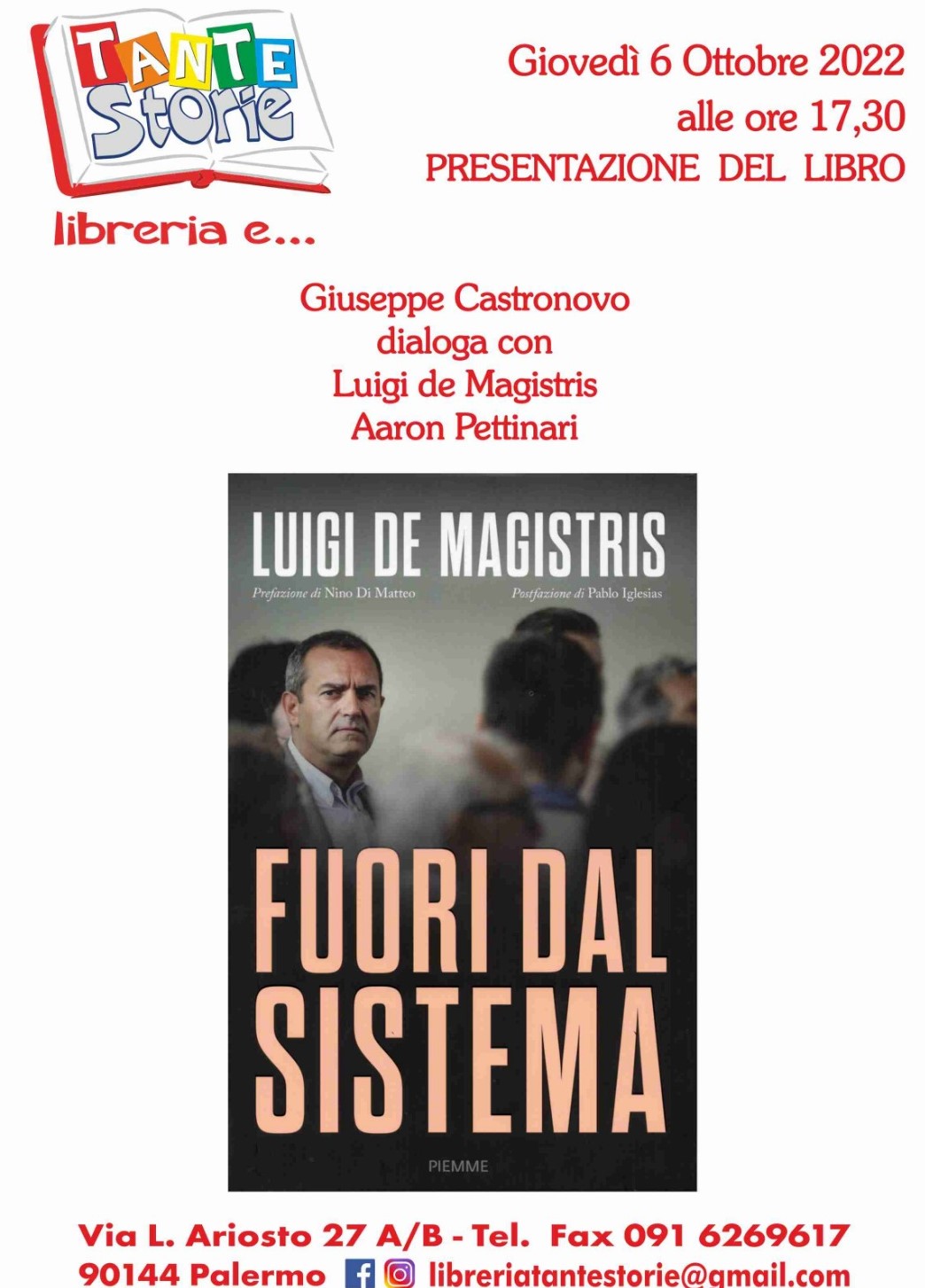 Palermo, alla Libreria Tante Storie si presenta il libro di Luigi De Magistris "Fuori dal sistema"