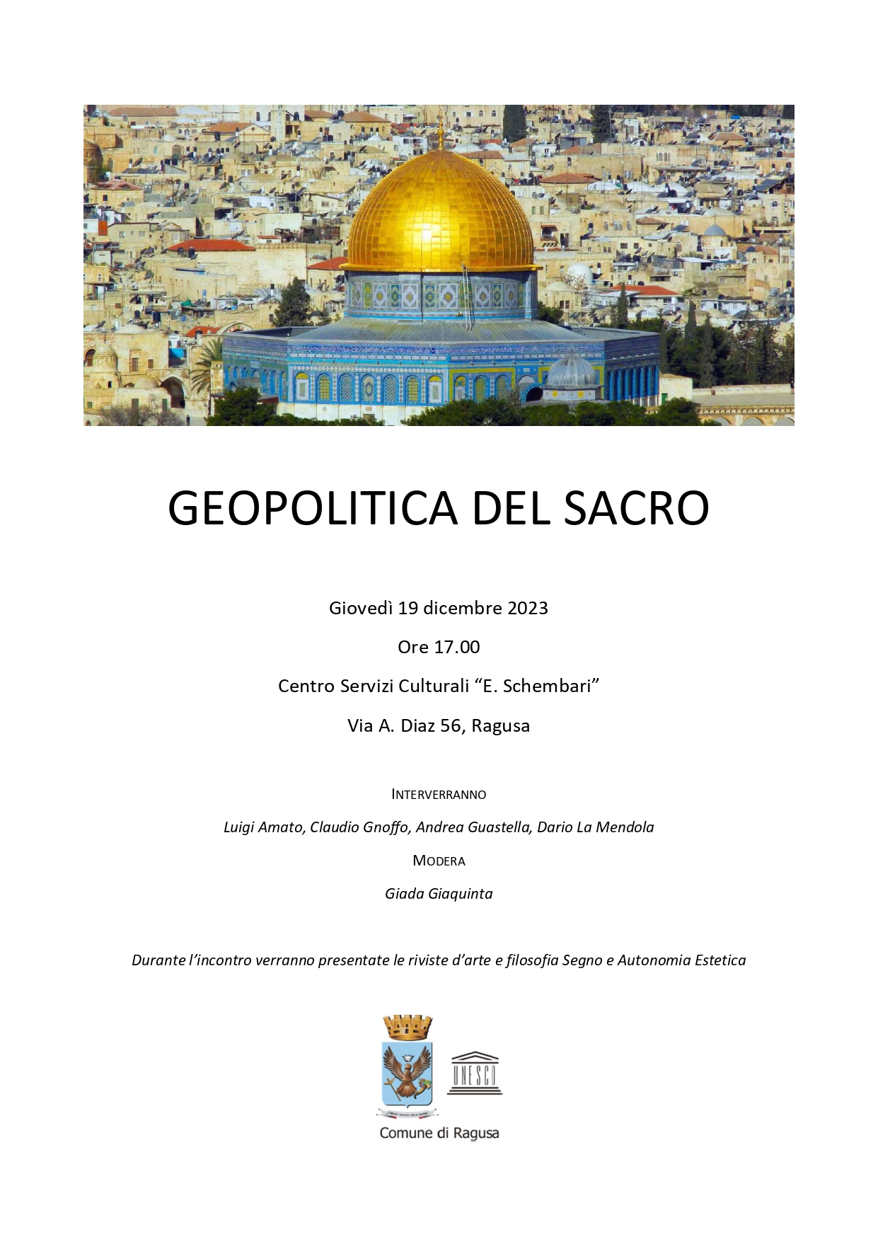 Ragusa, "Geopolitica del sacro": incontro al Centro servizi culturali "Emanuele Schembari"