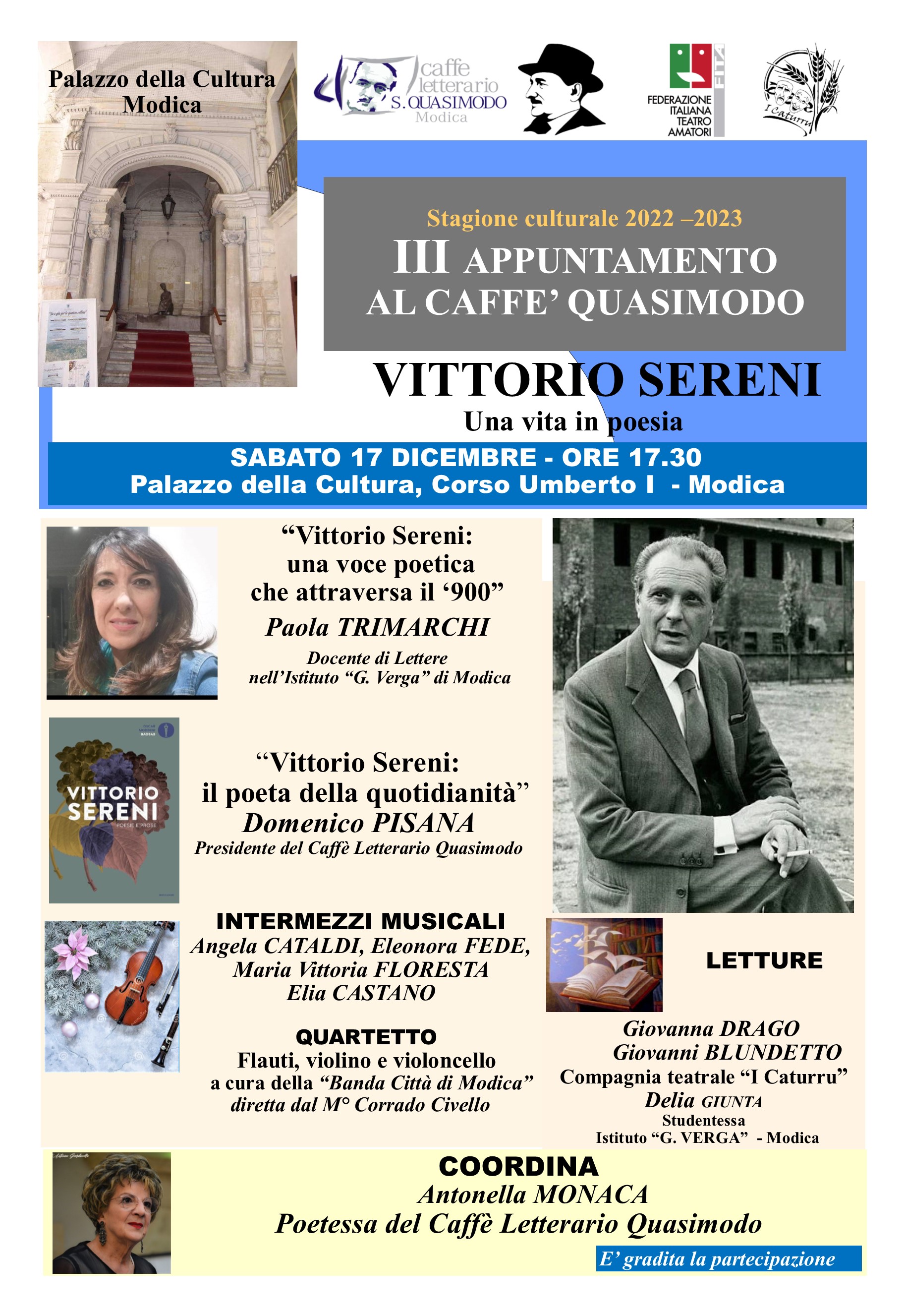 Modica, terzo appuntamento al Caffè Quasimodo dedicato al poeta Vittorio Sereni 