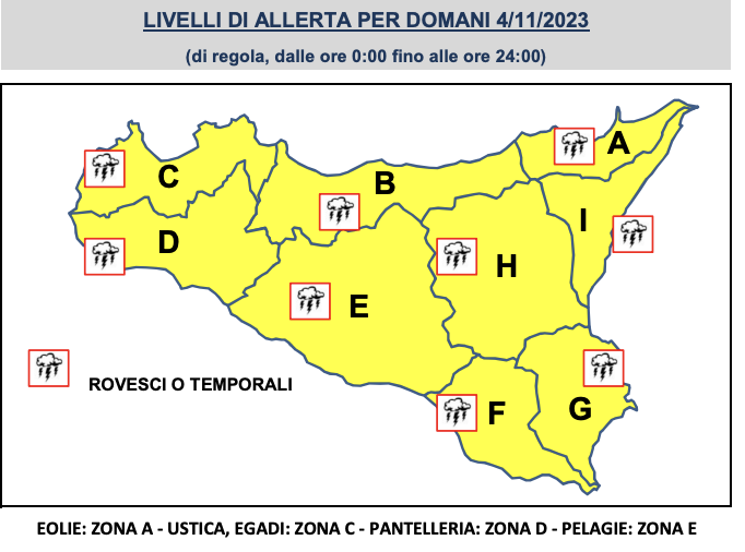 Protezione civile, domani allerta meteo gialla in Sicilia
