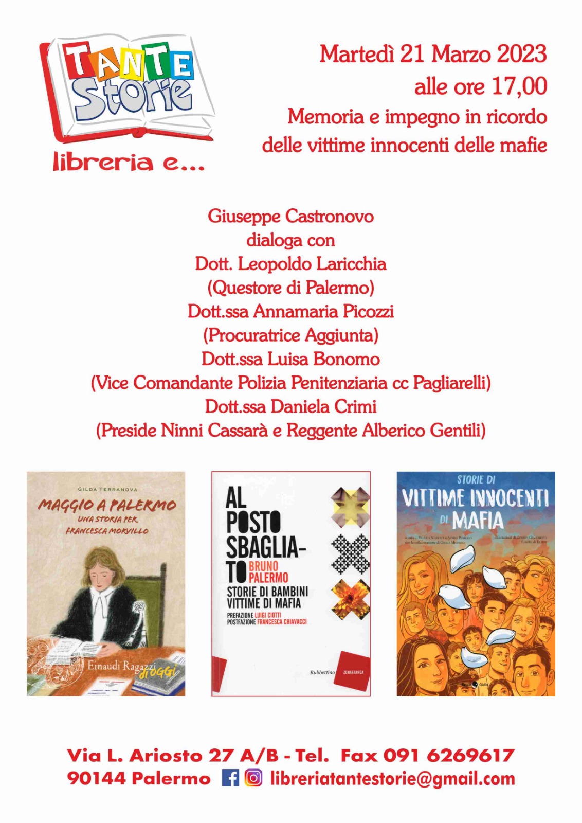 Palermo, alla Libreria Tante Storie iniziativa in ricordo delle vittime innocenti delle mafie